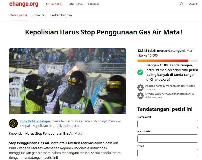 Muncul petisi di change.org berjudul "Kepolisian harus Stop Penggunaan Gas Air Mata!". (Foto: Tangkapan layar change.org)