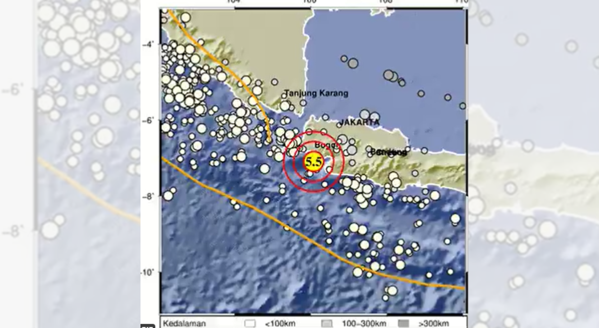 Gempa Magnitudo (M) 5,5 di Banten guncangannya terasa hingga Jakarta, Depok, Ciputat hingga Kabupaten Sukabumi, Minggu 9 Oktober 2022. (Foto: Twitter BMKG)