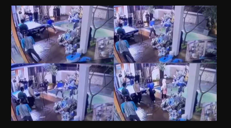 Tangkapan layar video Rizky Billar gagal melempar bola billiar ke Lesti yang sedang hamil, karena ia terpeleset air kolam renang. (Foto: Instagram)