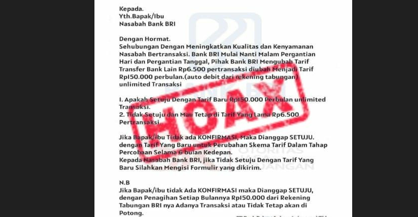 Pesan berisi tarif baru untuk transfer antar bank dari Bank Rakyat Indonesia (BRI), banyak beredar di media sosial. (Foto: tangkapan layar0