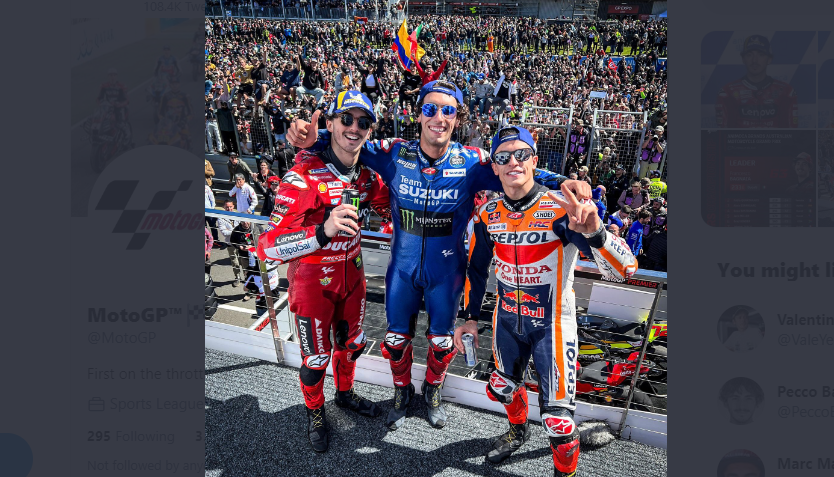 Alex Rins juara di Sirkuit Phillip Island, MotoGP Australia, Minggu 16 Oktober 2022. Diikuti Marc Marquez (Repsol Honda) di posisi kedua, dan pembalap Ducati Lenovo, Francesco Bagnaia di urutan ketiga. (Foto: Twitter MotoGP)