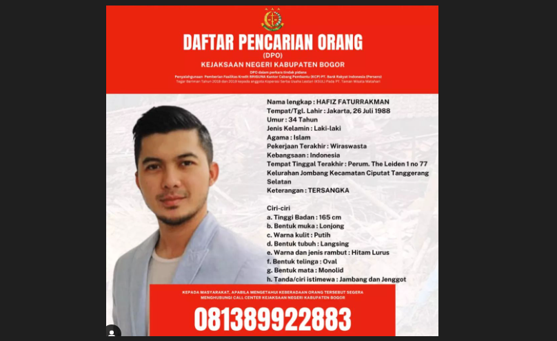 Hafiz Faturrakman, adik kandung aktor Irwansyah, merupakan tersangka sekaligus DPO Kejari Kabupaten Bogor, Jawa Barat. (Foto: Instagram @kejari_kab_bogor)