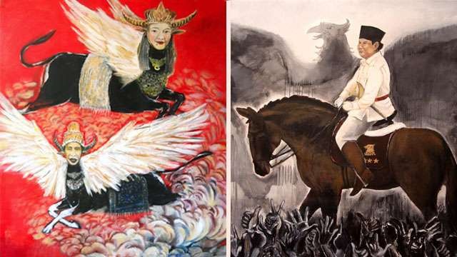 Karya-karya Yusuf Susilo Hartono yang akan dipamerkan di Museum Nasional, 9-13 November. Buraq Megawati dan Jokowi. (kiri). Pangeran Prabowo (kanan). Foto:Ngopibareng/Id/Istimewa).