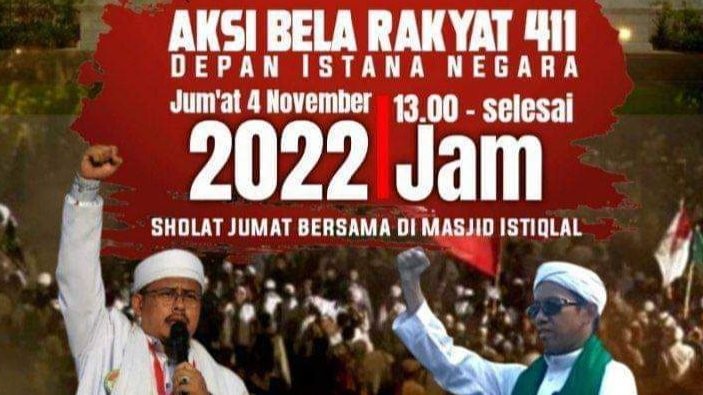 Reuni 411 menggelar aksi bela rakyat di depan Istana Negara, Jumat 4 November 2022 pukul 13.00 WIB atau usai salat Jumat di Masjid Istiqlal. (Foto: Dokumentasi 411)