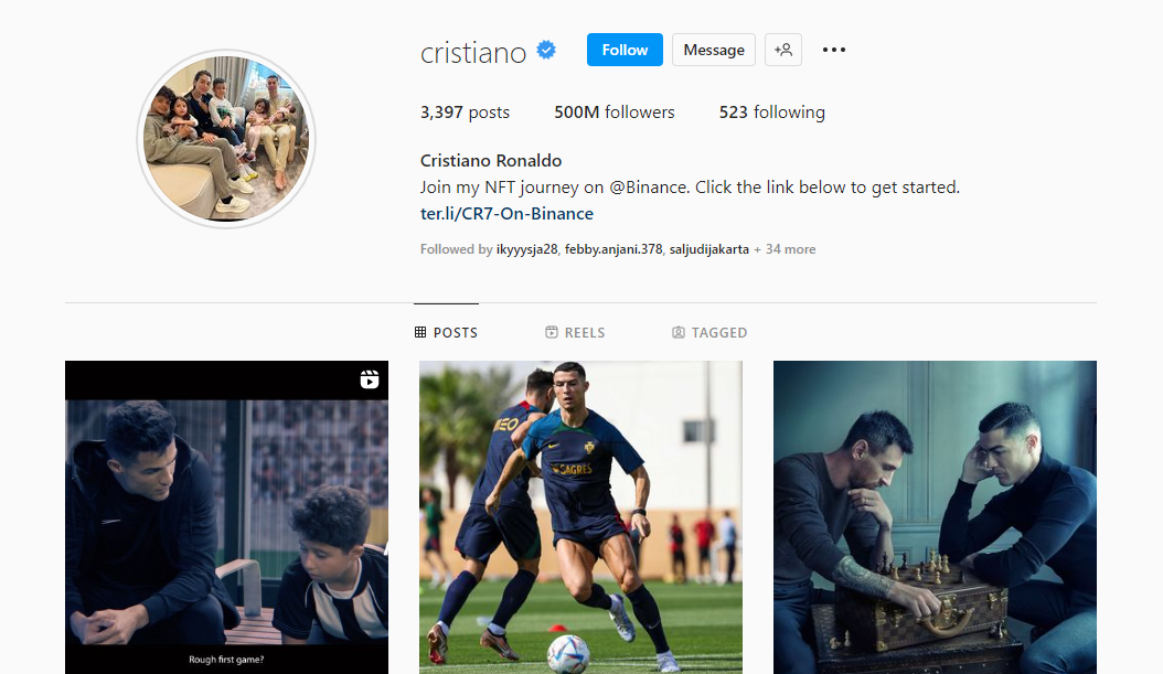 Akun Instagram Cristiano Ronaldo punya 500 juta followers. (Foto: Tangkapan layar)