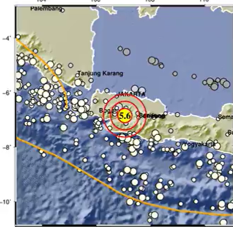 Gempa Magnitudo (M) 5,6 mengguncang Cianjur, Jawa Barat, dan sekitarnya hingga terasa di Jakarta, Senin 21 November 2022. (Grafis: Twitter BMKG)