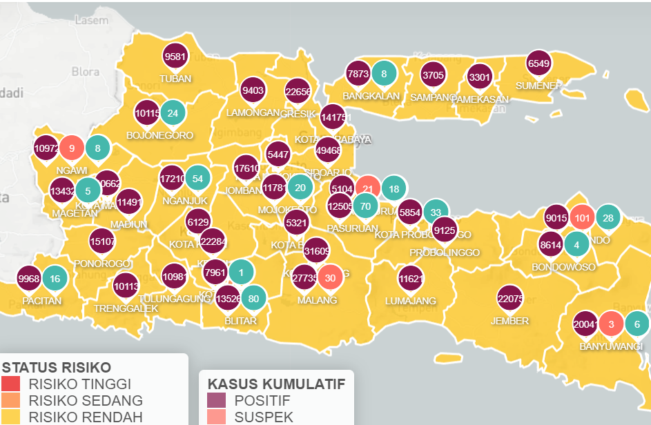 Jawa Timur melaporkan tambahan kasus COVID-19 sebanyak 894, per Selasa 22 November 2022. Semua wilayah di Jawa Timur masuk zona kuning. (Foto: Info Covid-19 Jatim)