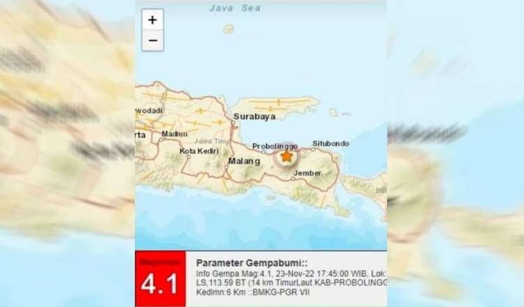 Gempa magnitudo 4,1 melanda Probolinggo, Jawa Timur, Rabu 23 November 2022 petang. (Foto: BMKG)