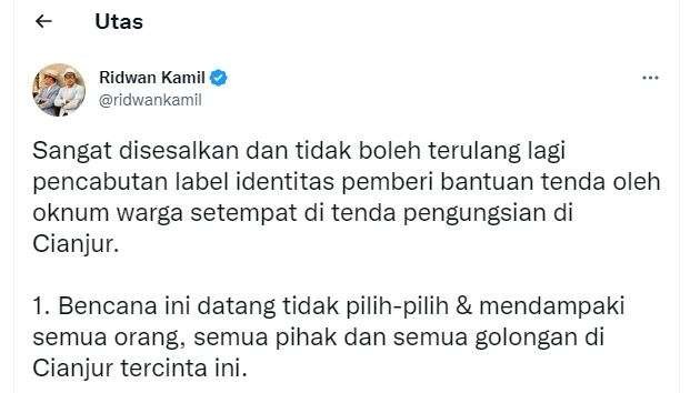 Cuitan Gubernur Jawa Tengah Ridwan Kamil terkait aksi cabut label gereja di tenda pengungsi gempa Cianjur. (Foto: Twitter)