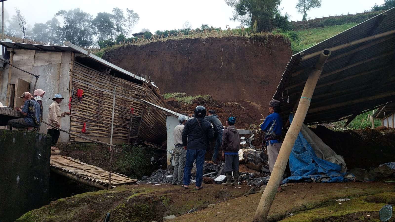 Tebing di Desa Sariwani, Kecamatan Sukapura, Kabupaten Probolinggo longsor mengakibatkan empat rumah rusak. (Foto: Ikhsan Mahmudi/Ngopibareng.id)