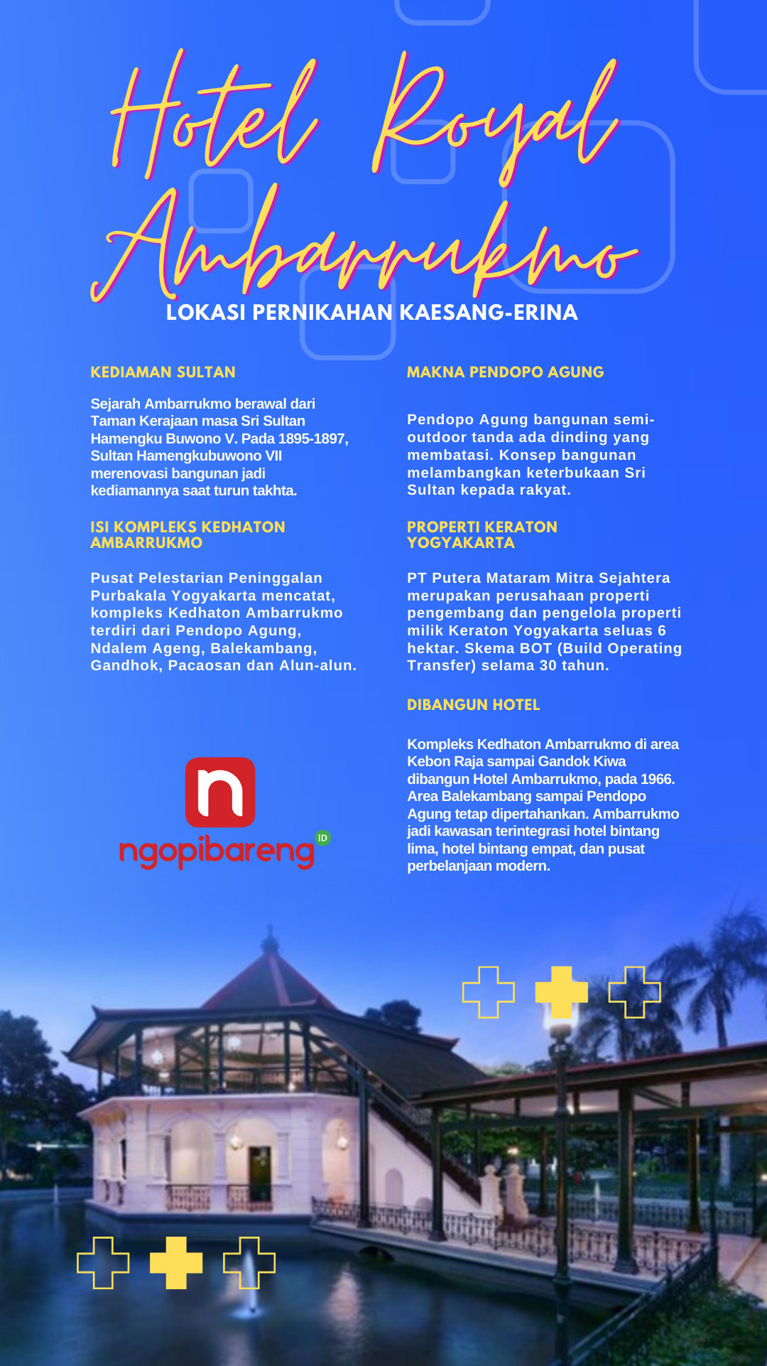 Informasi grafis Hotel Royal Ambarrukmo Yogyakarta, saksi bisu pernikahan Kaesang Pangarep dan Erina Gudono.  (Grafik: Fa Vidhi/Ngopibareng.id)
