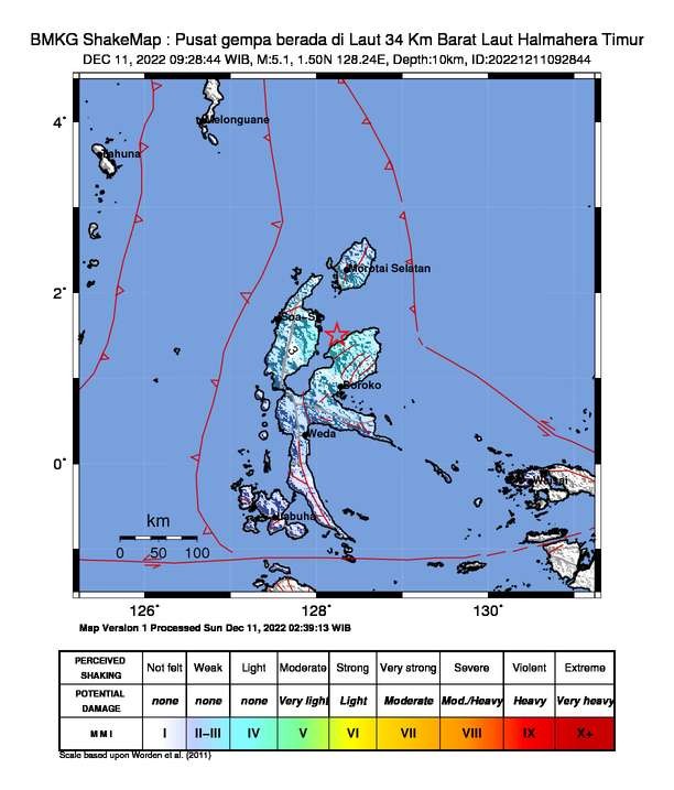 Gempa bumi terjadi di Halmahera Barat, Maluku Utara dengan magnitudo 5,1. (Peta: dok. BMKG)