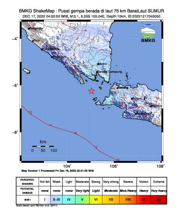 Sumber gempa bumi  berupsat di perairan laut di Sumur, Pandeglang, Banten, Sabtu 17 Desember 2022. (Foto: BMKG)