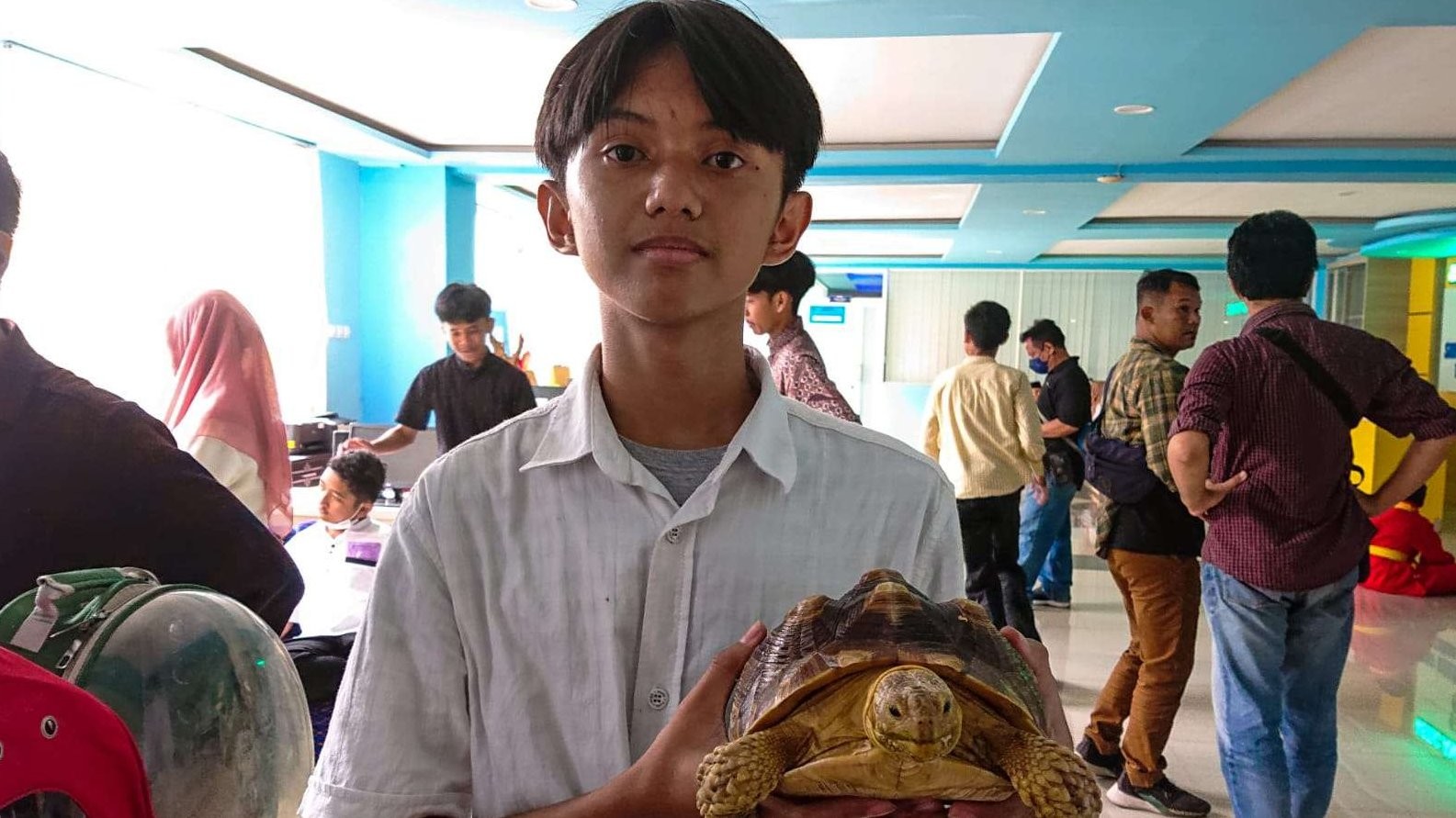 Haidar pelihara hewan kura-kura jenis sulcata. (Foto: Aini Arifin/Ngopibareng.id)