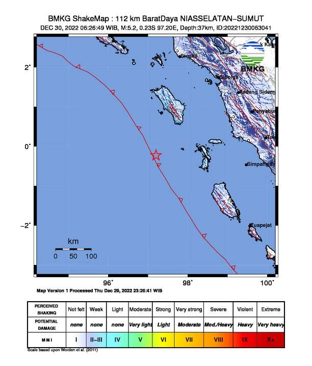 Gempa bumi di Nias Selatan, pada Jumat 30 Desember 2022. (Foto: dok. BMKG)