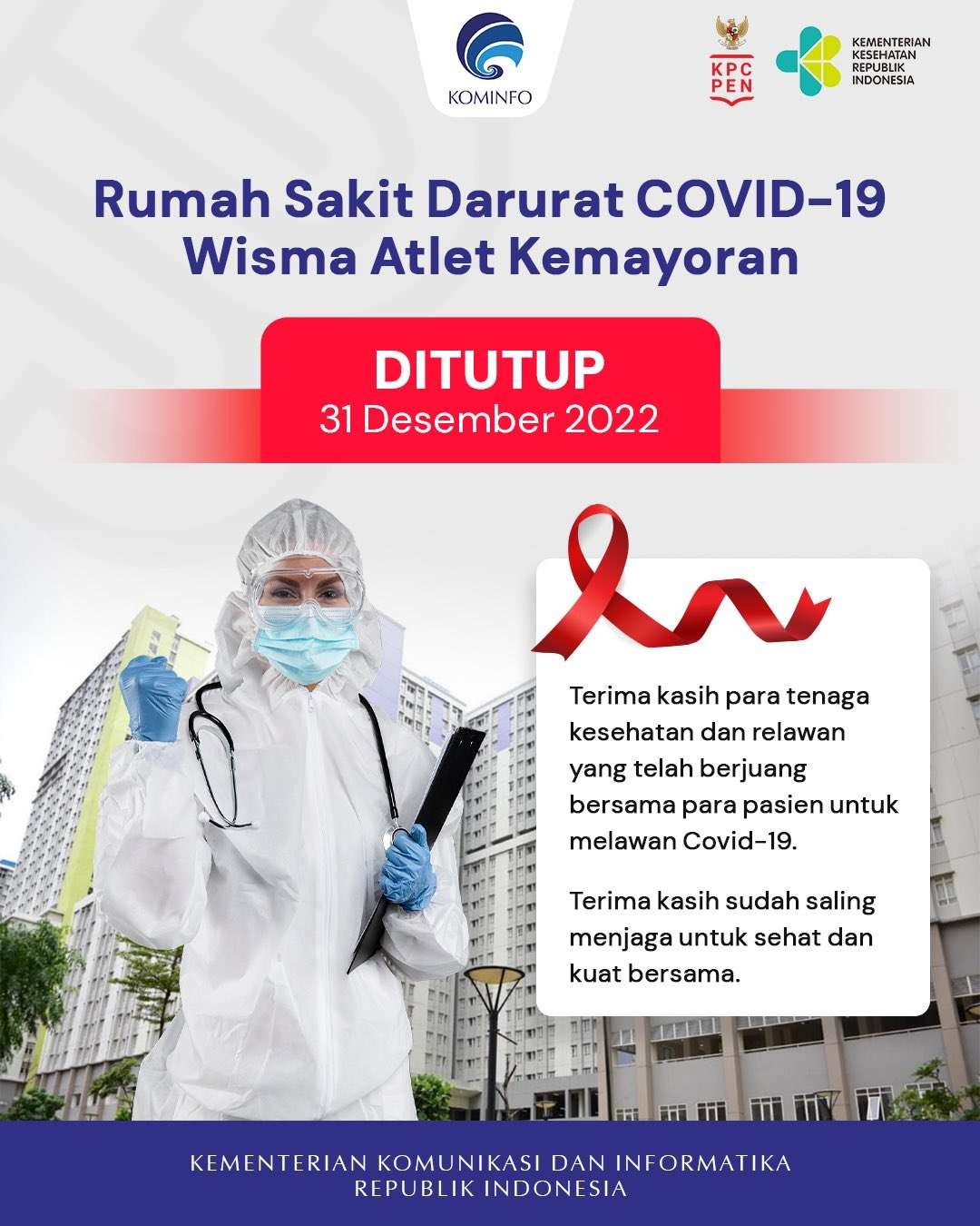 Rumah Sakit Darurat COVID-19 Wisma Atlet Jakarta resmi ditutup, Sabtu 31 Desember 2022. (Foto: Twitter @kominfo)