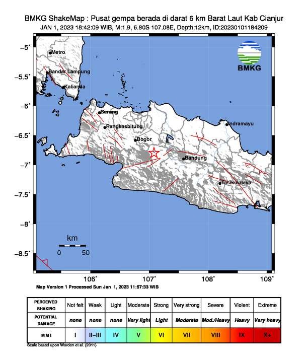 Peta Cianjur titik dimana terjadi gempa bumi. (Foto: dok. BMKG)