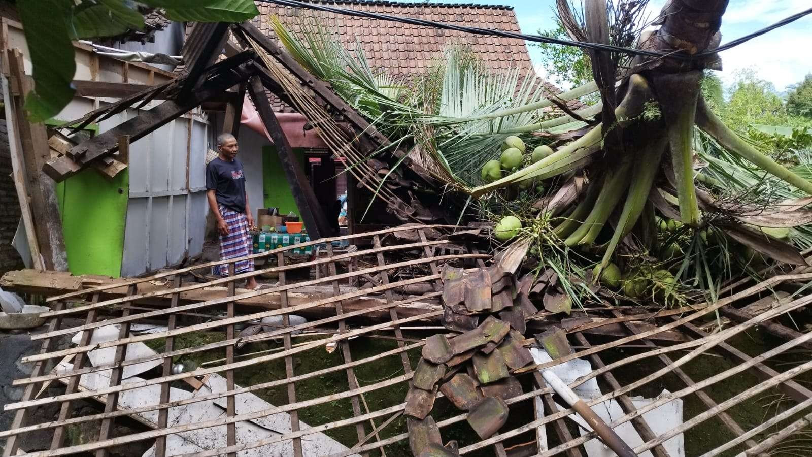 Suman melihat bagian belakang rumahnya yang ambruk tertimpa pohon kelapa (Foto: Muh Hujaini/Ngopibareng.id)