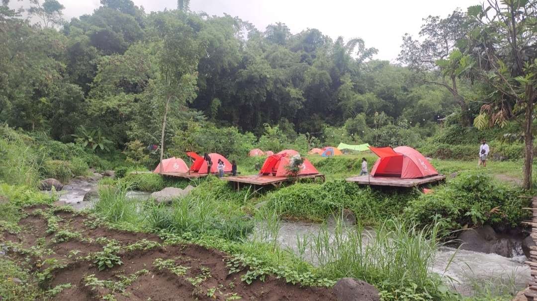 Gubuk Marawati Pacet, Camping di tepi sungai. (Foto: Deni Lukmantara/Ngopibareng.id)