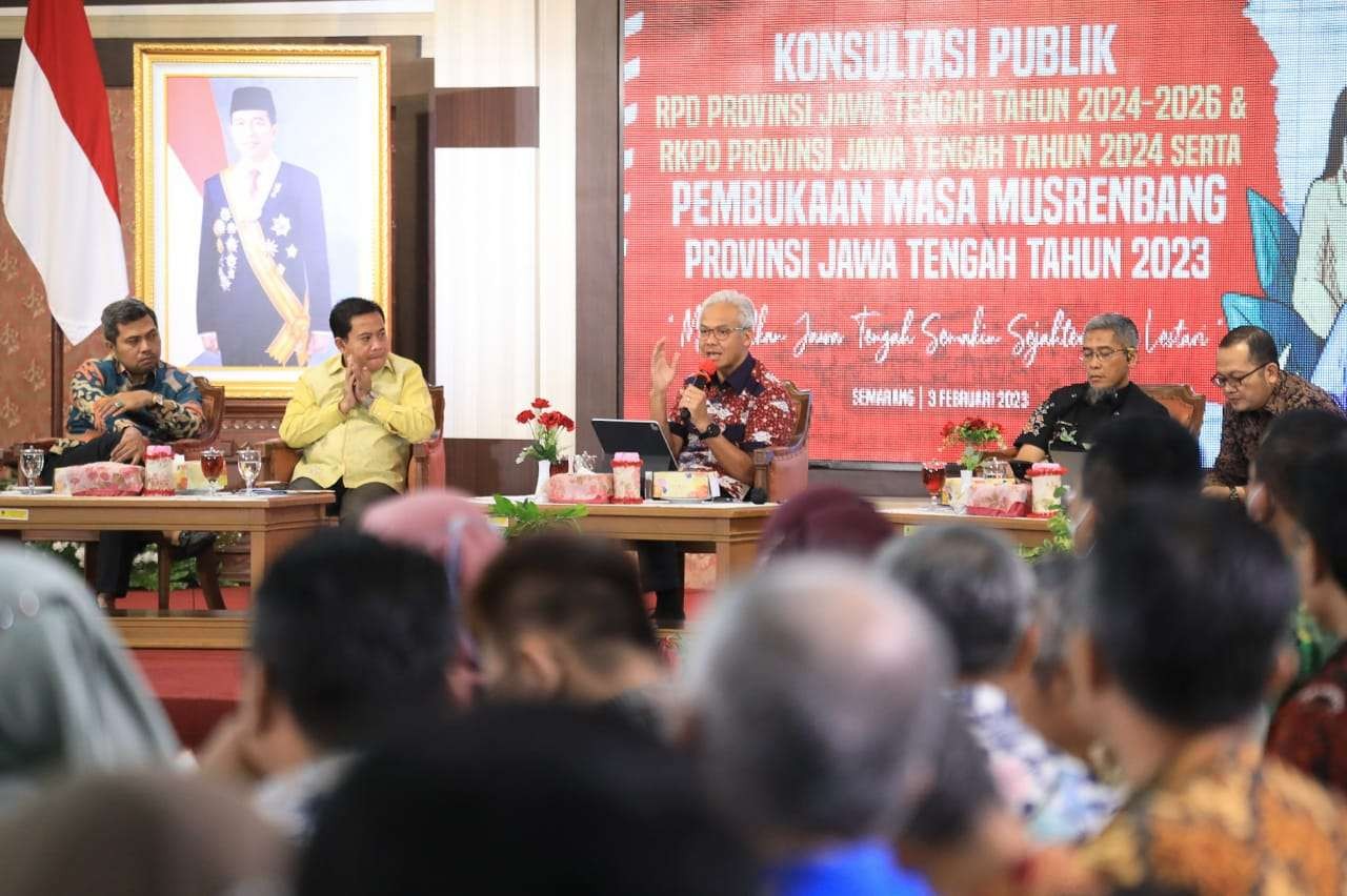 Gubernur Jawa Tengah Ganjar Pranowo pada pembukaan Masa Awal Musrenbang Tahun 2023 dan Konsultasi Publik Rancangan Awal RKPD 2024, di Gradhika Bhakti Praja, Jumat 3 Februari 2023. (Foto: istimewa)