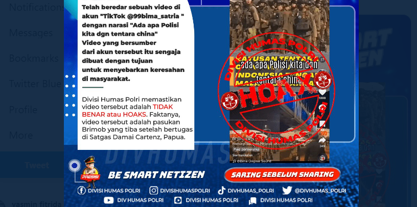 Beredar video tentara China mendarat di Indonesia dan dijemput Brimob adalah berita bohong atau hoax. (Foto: Twitter Divisi Humas Polri)