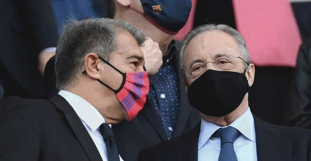 Presiden Barcelona Joan Laporta (kiri) dan presiden Real Madrid Florentino Perez masih yakin Liga Super Eropa bisa berjalan meski ditentang secara luas. (Foto: Twitter)