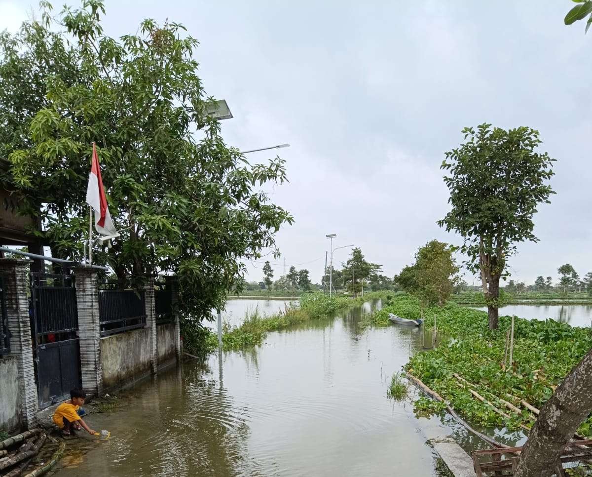 Luapan air Bengawan Jero mulai menggenangi jalan poros desa rumah warga. (Foto: Istimewa)