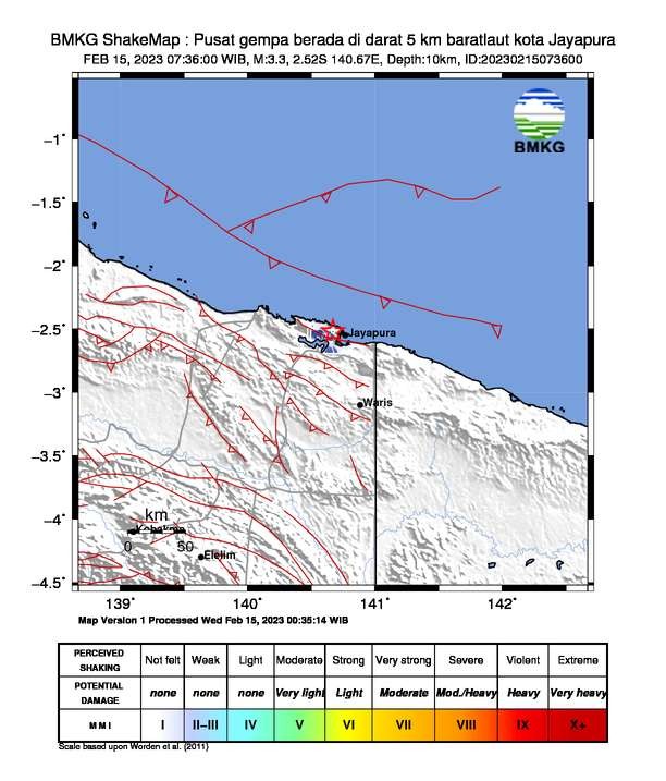 Gempa bumi di Kota Jayapura pada Rabu 15 Februari 2023. (Foto peta: BMKG)