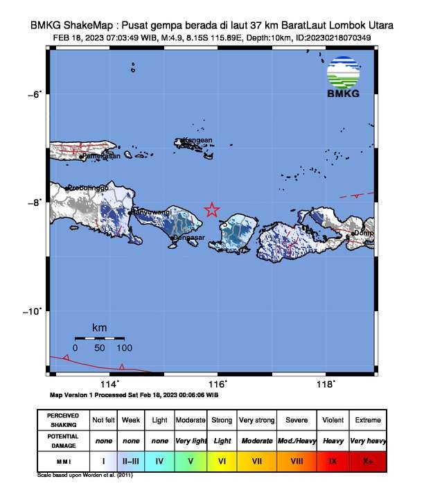 Gempa bumi terjadi di Lombok Utara dan dirasakan di karangasem.  (Grafik dan sumber; BMKg)