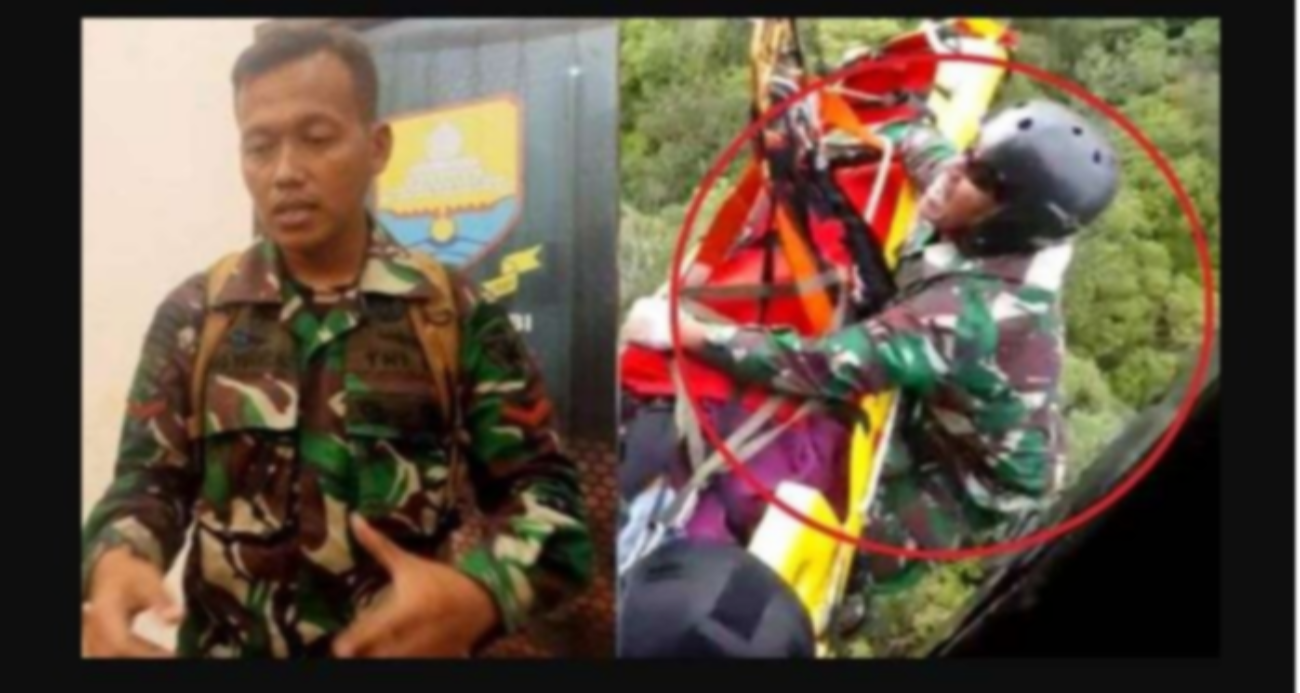 Prajurit TNI Batalyon Komando 462 Kopasgat Pekanbaru, Kopda Ahmad Nofrizal, menjaga tandu Kapolda Jambi dari bawah hingga evakuasi di udara. (Foto: Kolase/Dokumentasi TNI)