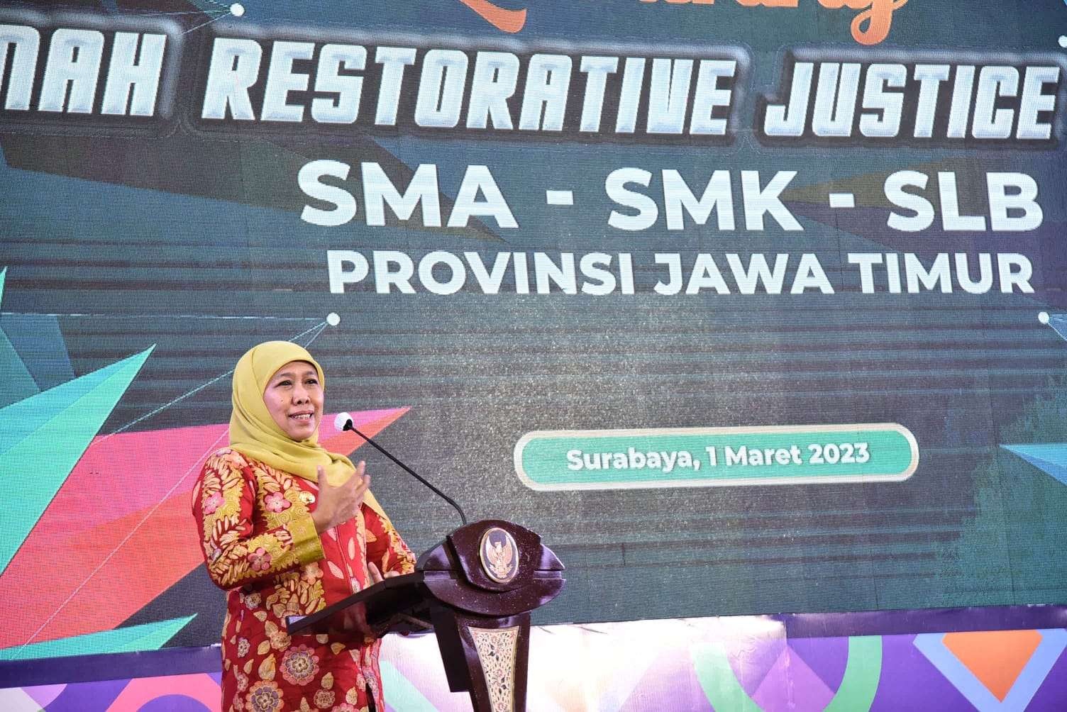 Gubernur Jawa Timur Khofifah Indar Parawansa secara resmi meluncurkan Program Rumah Restorative Justice Sekolah (RRJS) 2023. (Foto; Dok Jatim)