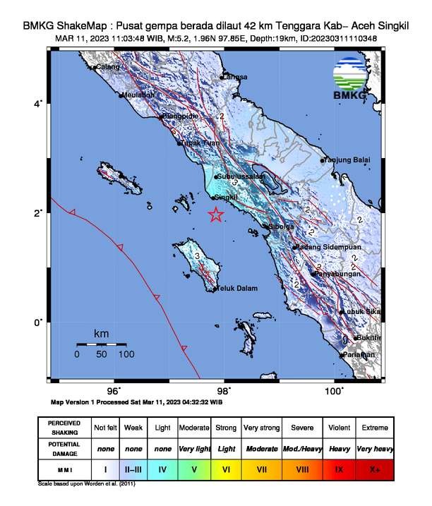 Gempa bumi magnitudo 5,3 yang terjadi di Singkil, Aceh, Sabtu 11 Maret 2023. (Foto: BMKG)