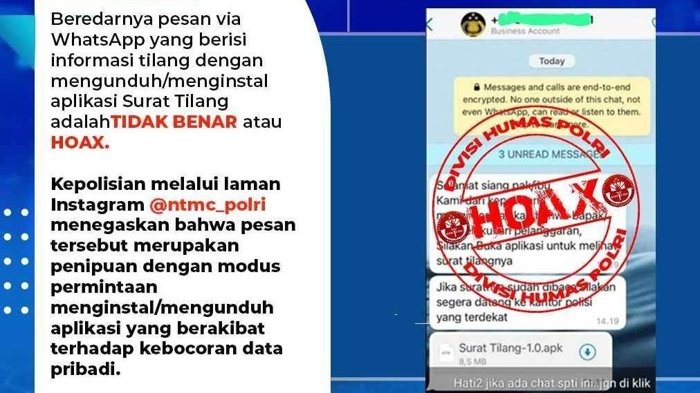 Pihak Kepolisian meminta masyarakat berhati-hati dengan modus penipuan surat tilang dengan format aplikasi. (Foto: Instagram @divisihumaspolri)
