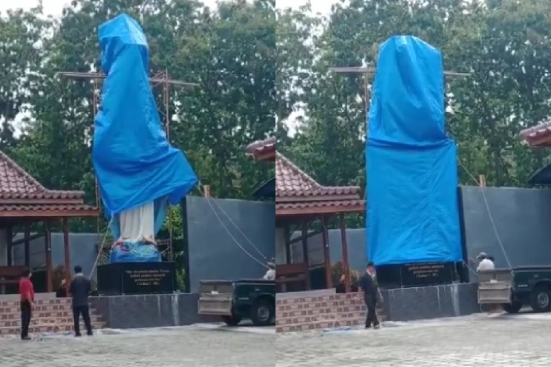 Penutupan patung Bunda Maria setinggi enam meter di Rumah Doa Sasana Adhi Rasa Santo Yakobus di Paduhkuhan Degolan, Bumirejo, Lendah, Kulon Progo, Daerah Istimewa Yogyakarta (DIY). (Foto: Twitter)