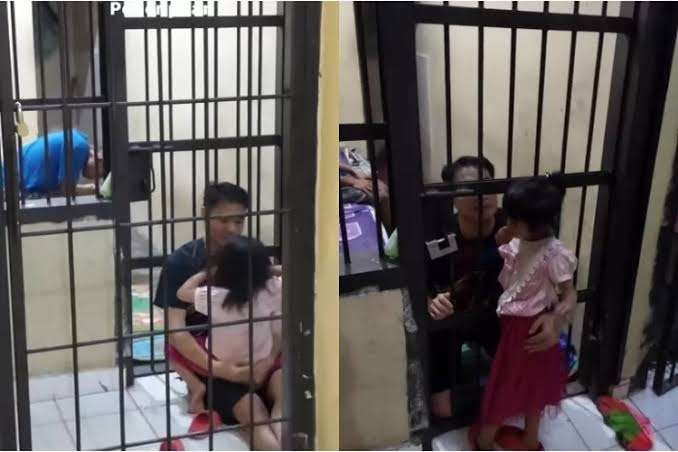 Polisi di Jambi buka pintu sel agar anak seorang tahanan bisa peluk ayahnya. (Foto: Instagram)