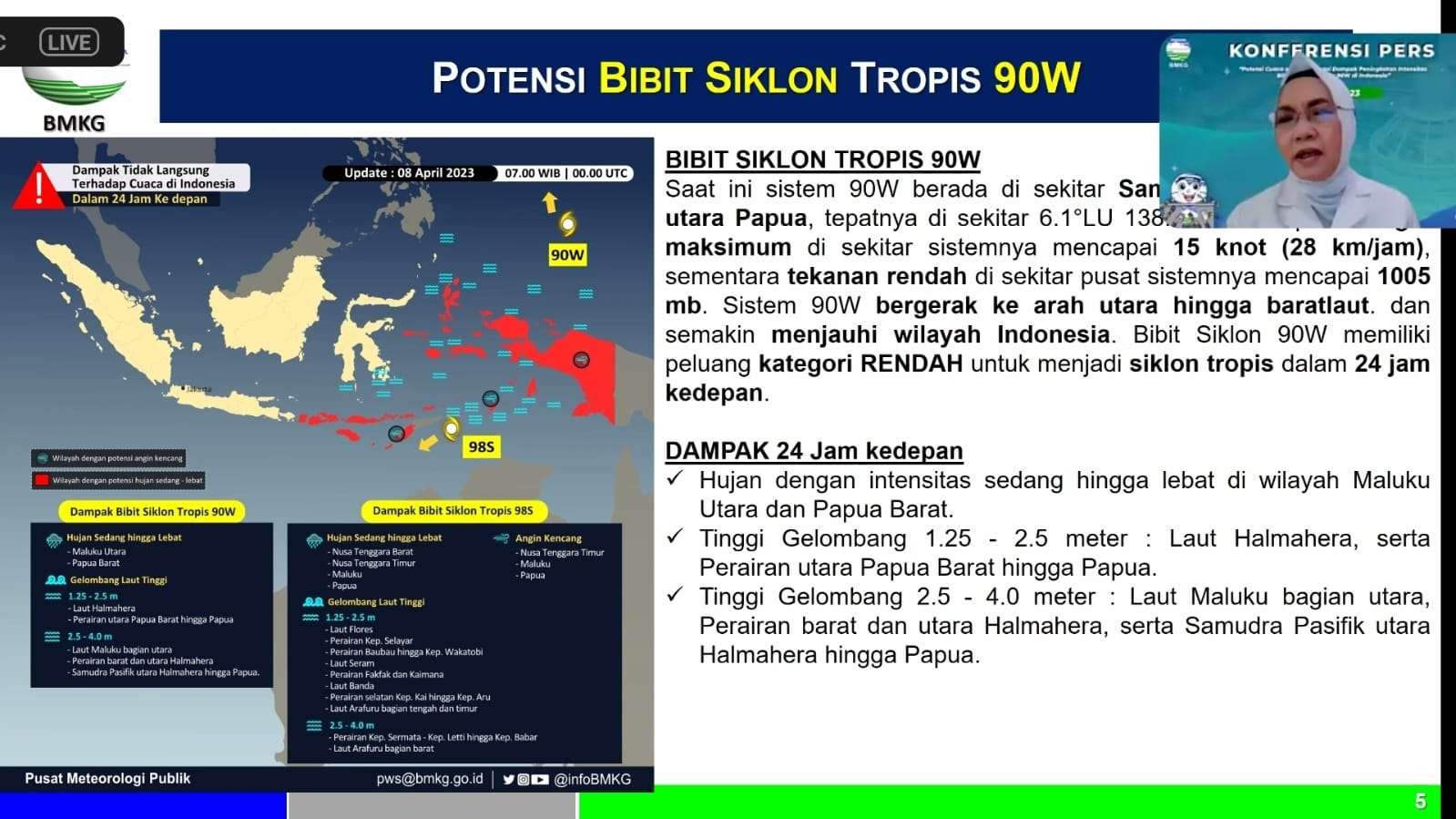 Kepala BMKG, Dwikorita Karnawati menjelaskan, pertumbuhan bibit siklon 98S yang terjadi di wilayah Nusa Tenggara Timur, Sabtu 8 April 2023. (Foto: Tangkapan Layar)