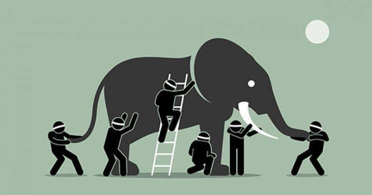 Gajah dan orang buta. (Ilustrasi humor)