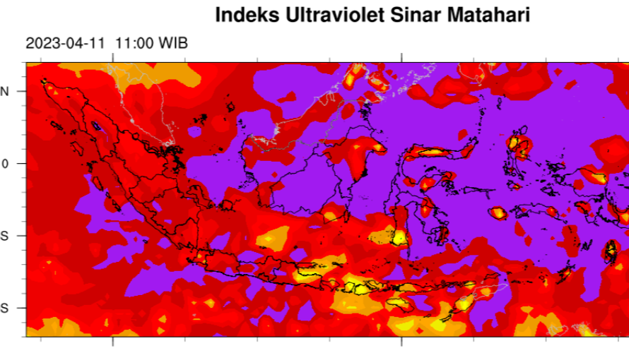 Indeks UV ekstrem akan dialami Jawa Timur antara pukul 11.00 hingga 12.00 WIB, pada Selasa 11 April 2023, hari ini. (Foto: Tangkapan layar BMKG)