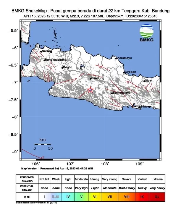 Gempa bumi terjadi di Pengalengan, Kabupaten Bandung pada Sabtu 15 April 2023. (Foto: do. bmkg)