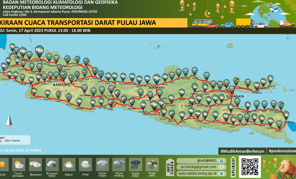 Prakiraan cuaca sepanjang jalur mudik Jawa Timur  - Jawa Barat, pada Senin 17 April 2023, antara pukul 13.00 hingga 16.00 WIB. (Foto: Tangkapan layar BMKG)