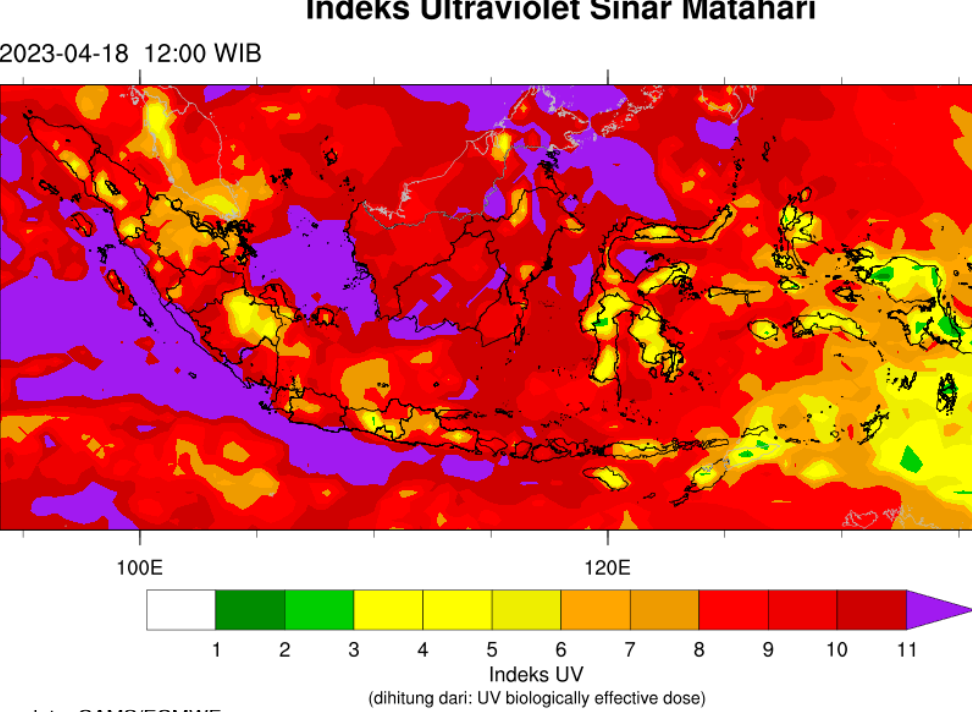 Kondisi paparan UV di Jawa Timur, Selasa 18 April 2023, hari ini. Waspada paparan skala 8 hingga 10 pada pukul 12.00 di sebagian wilayah Jawa Timur. (Foto: BMKG)