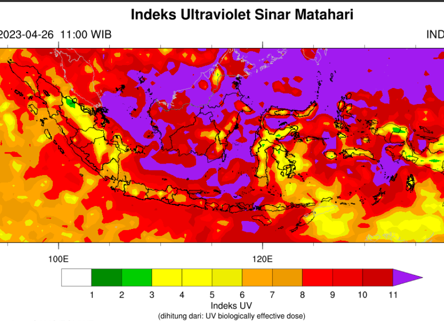 Paparan indeks Uv di Indonesia untuk Rabu, 26 April 2023. Warna ungu menunjukkan indeks Uv ekstrem dan menyinari Jawa Timur pada pukul 11.00 WIB hingga 12.00 WIB. (Foto: Tangkapan layar BMKG)