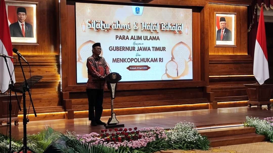 Menkopolhukam RI, Mahfud MD saat halal bi halal di Gedung Negara Grahadi, Surabaya, Sabtu 29 April 2023. (Foto: Fariz Yarbo/Ngopibareng.id)