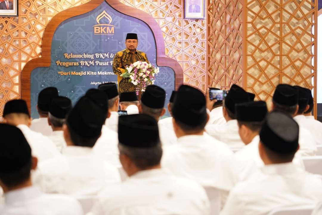 Menag Yaqut Cholil Qoumas hari ini mengukuhkan pengurus Badan Kesejahteraan Masjid (BKM) periode 2022 – 2026. (Foto: Kemenag)