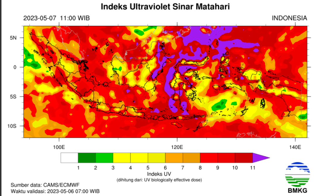 BMKG memprakirakan paparan indeks ultraviolet (UV) akan memiliki potensi bahaya cukup tinggi, di sejumlah wilayah, hari ini. (Foto: Tangkapan layar BMKG)