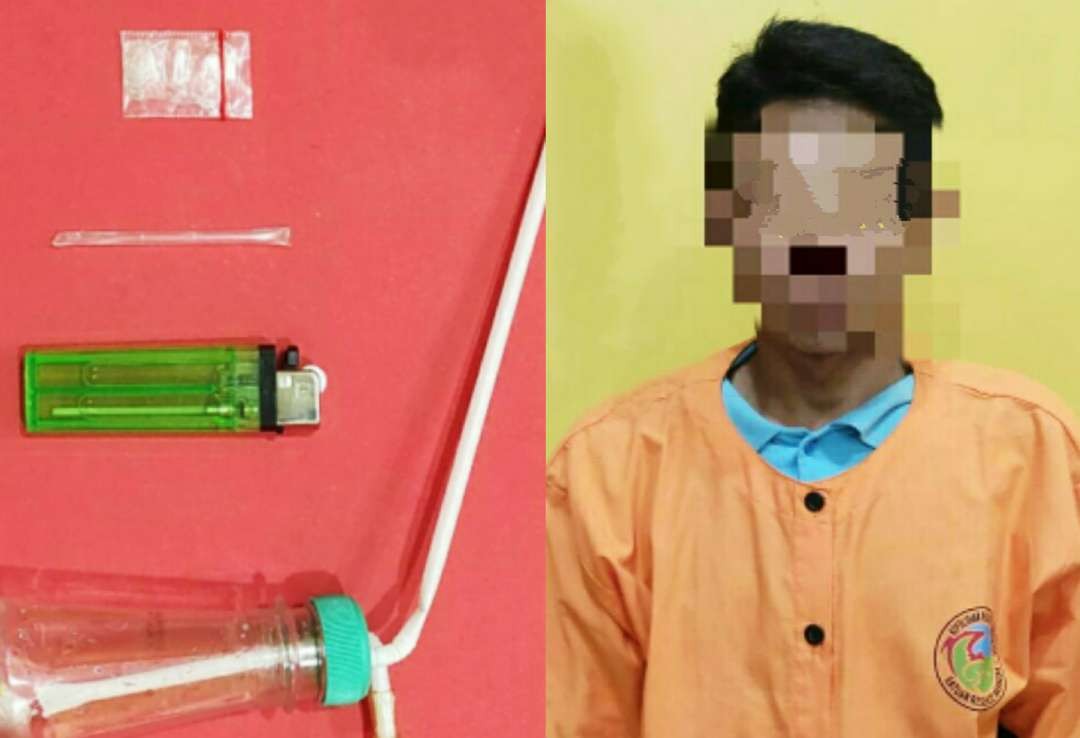 Pria 33 tahun dan barang bukti sabu serta perangkat nyabu diamankan anggota Satresnarkoba Polres Bondowoso.(foto:guido/ngopibareng.id)