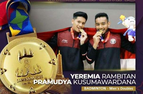 Yeremia Rambitan dan Pramudya Kusumawardana dari cabang olahraga Badminton berhasil mempersembahkan medali emas bagi Indonesia di nomor Men's Doubles. (Foto: Instagram @pssi)