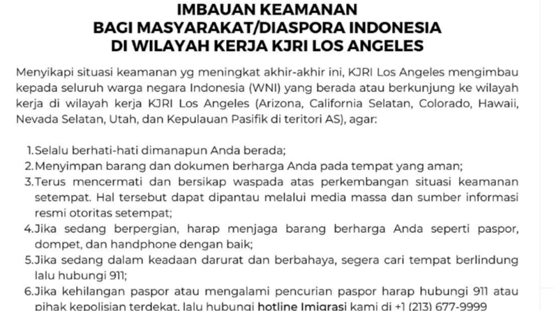 KJRI Los Angeles mengimbau seluruh Warga Negara Indonesia (WNI) yang sedang berada di sejumlah wilayah Amerika Serikat, untuk waspada. (Foto: Instagram)