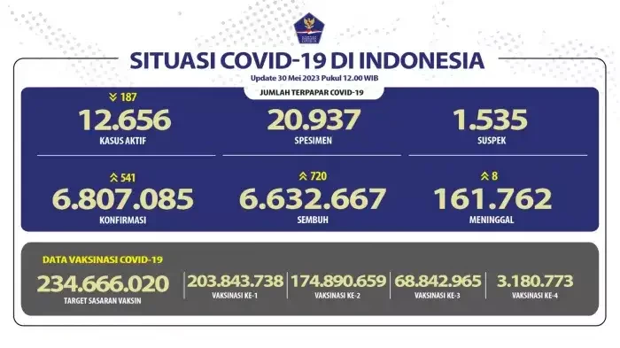 Data kasus baru COVID-19 di Indonesia, Selasa 30 Mei 2023. (Foto: Kemenkes RI)