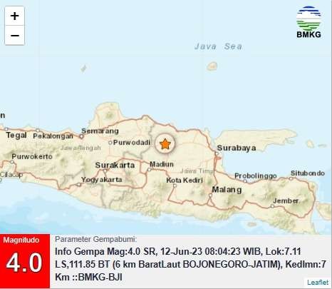 Peta titik gempa bumi di wilayah Bojonegoro Jawa Timur (Foto: Info BMKG Juanda)